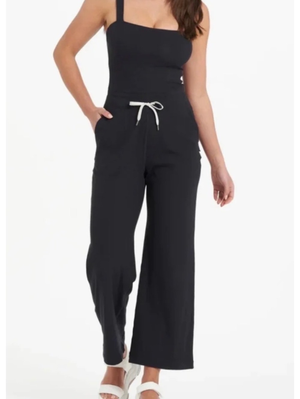 Vuori Mudra Jumpsuit Black Ribbed Drawstring Pockets Size M